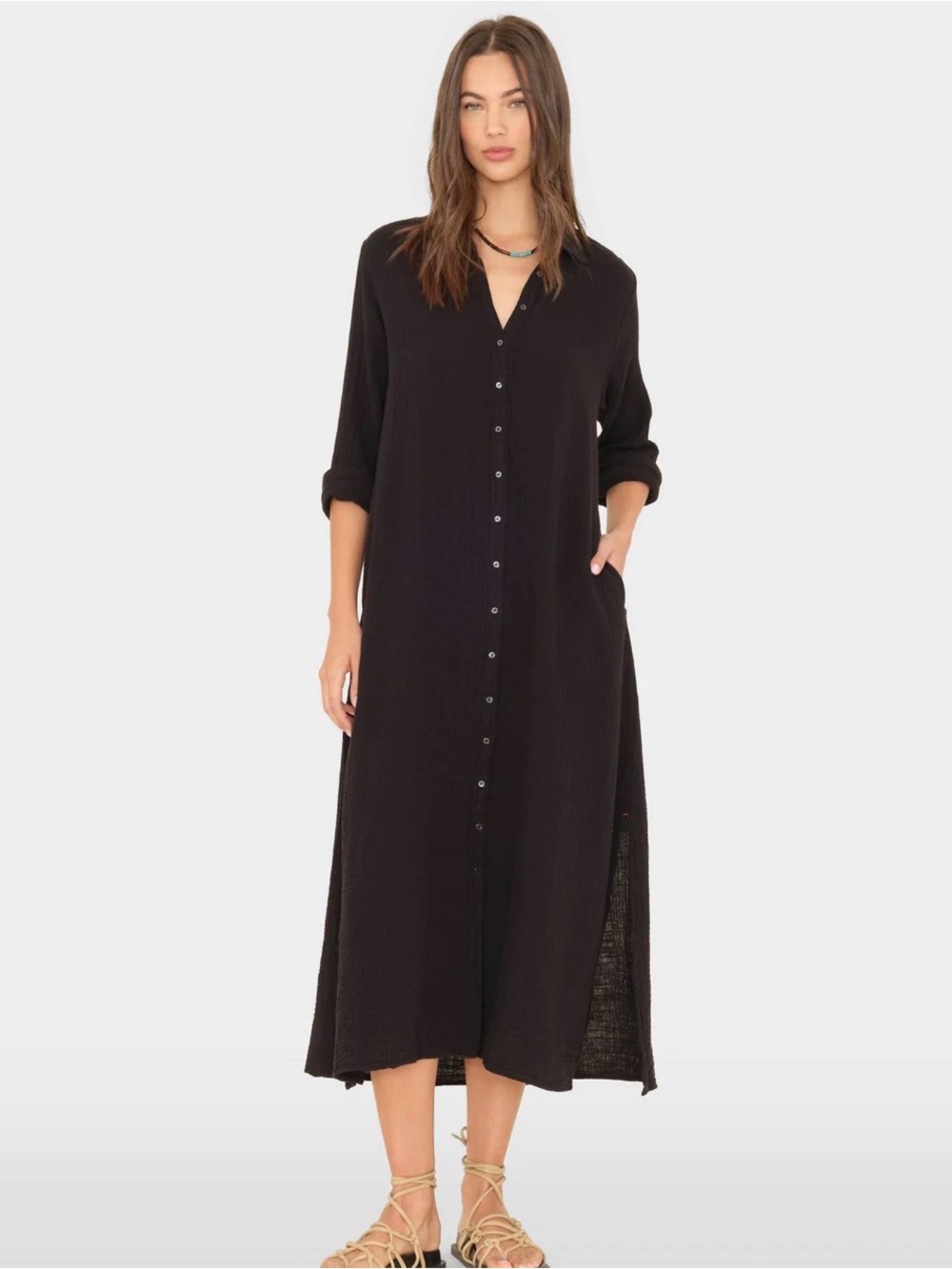 J. Crew Black Button-Front Maxi Shirt Dress